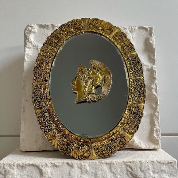 Vintage Goldtone Gold Mirror Greek Soldier Guilded Metal Frame Wall Hanging - Picture 1 of 7